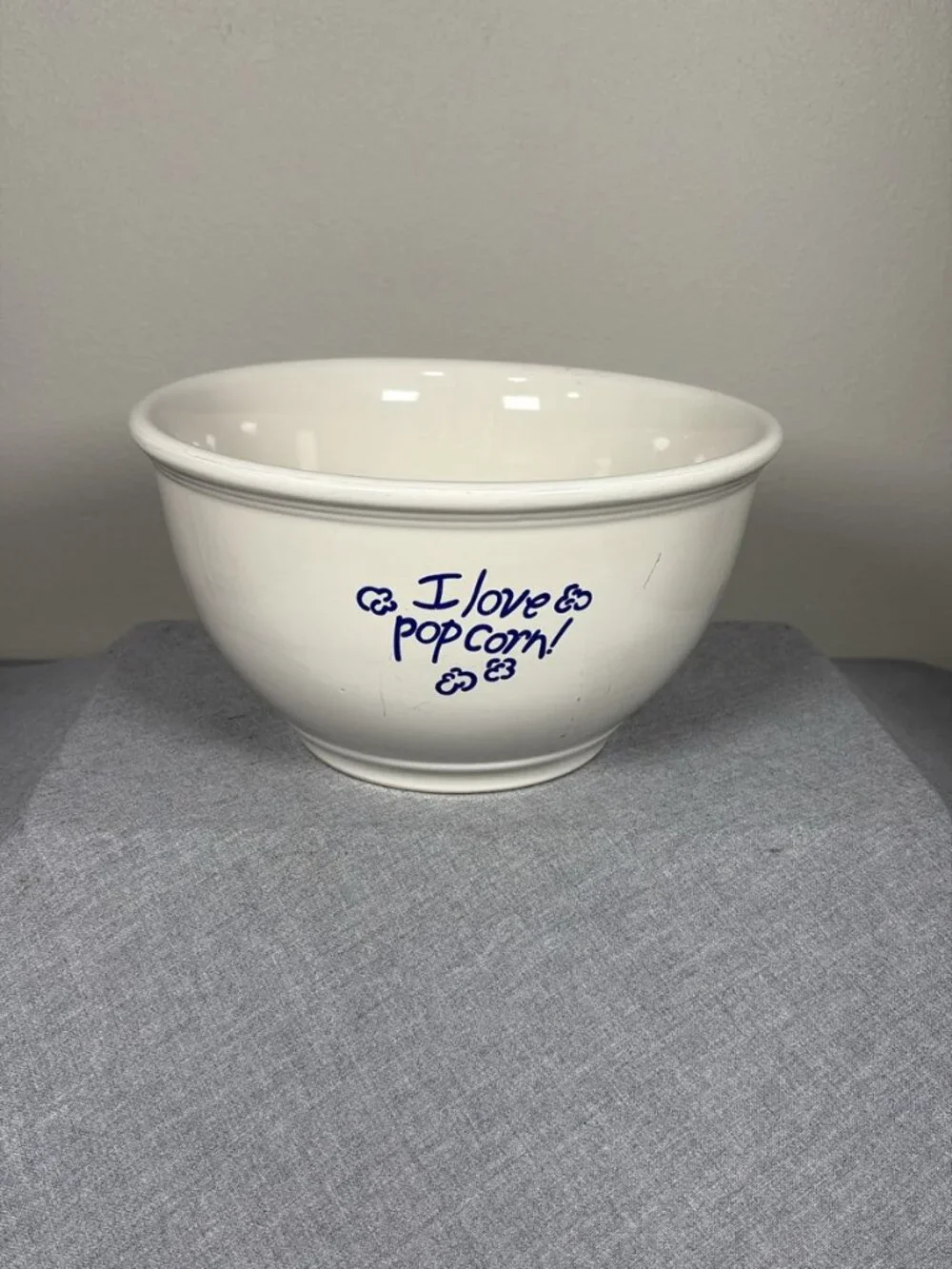 Gibson China I Love Popcorn Ceramic Bowl White Blue Snack Dish